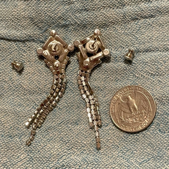 Silver tone sparkly cocktail dangle earrings studs - Picture 4 of 4